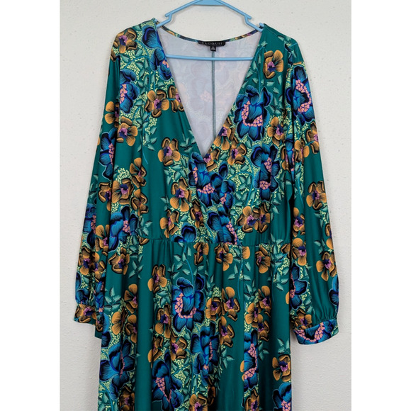 Eloquii sz 20 Faux Wrap Maxi length Dress green floral print slinky ls 1554 - Picture 2 of 6